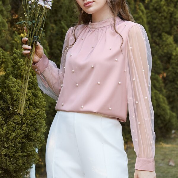 

Contrast Mesh Pearls Beaded Blouse, Baby pink