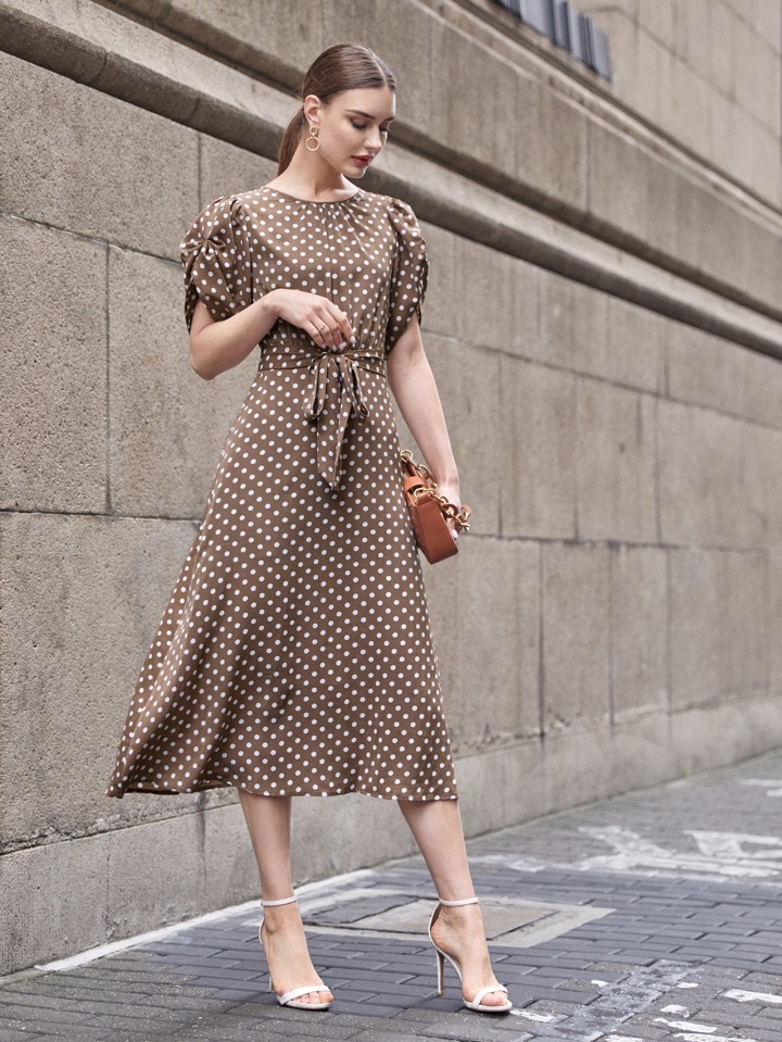 Our Ruched Sleeve Belted Polka Dot Dress is such a vibe - ROMWE