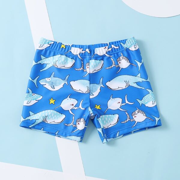 

Toddler Boys Fish Graphic Swim Trunks, Blue and white