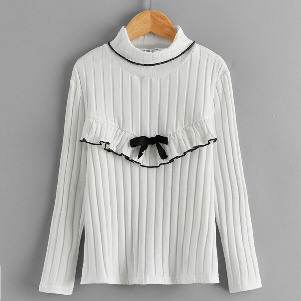 

Girls Turtle Neck Ruffle Trim Knot Detail Tee, White