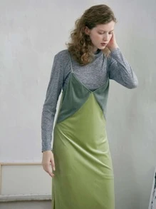 SHEIN Đầm Chia Khối Màu Hấp dẫn - Màu xanh chanh - Xem 4