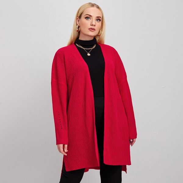 

Plus Waffle Knit Solid Cardigan, Rose red