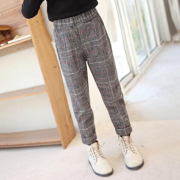 

Girls Plaid Carrot Pants, Dark grey