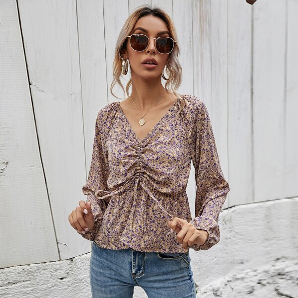 

Ruched Knot Raglan Sleeve Ditsy Floral Peplum Top, Multicolor