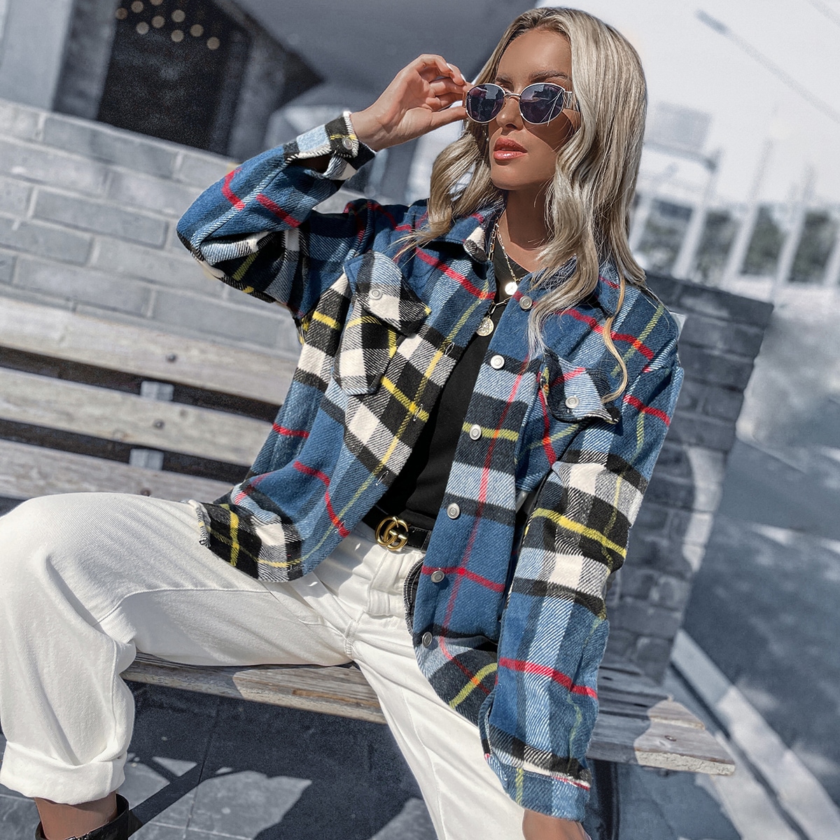 Image of Flap Pocket Plaid High Low Overcoat
