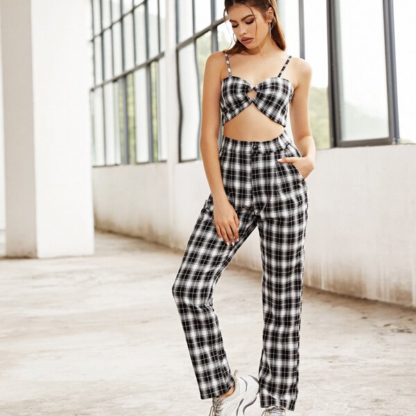 

Plaid Cut Out Cami Top & Pants, Black and white