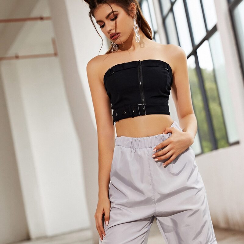 

Zipper Front Solid Crop Tube Top, Black