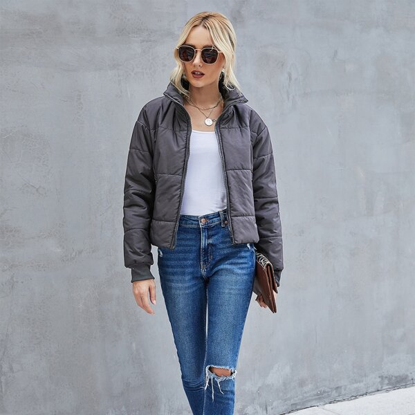 

Funnel Neck Zip Up Puffer Jacket, Dark grey