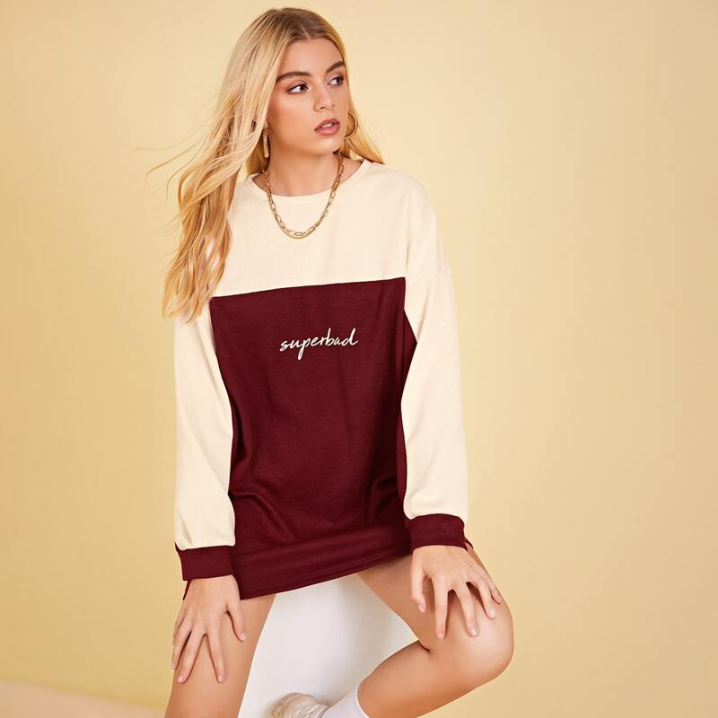 

Color Block Letter Graphic Sweatshirt Dress Without Bag, Burgundy