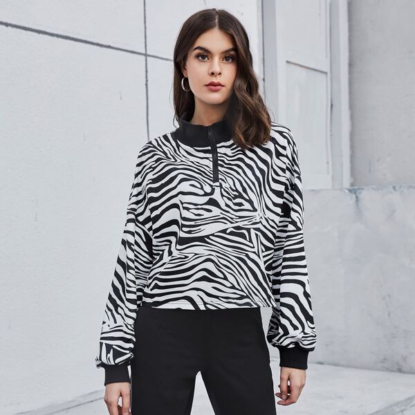 

Zebra Stripe Zip Half Placket Sweatshirt, Black and white