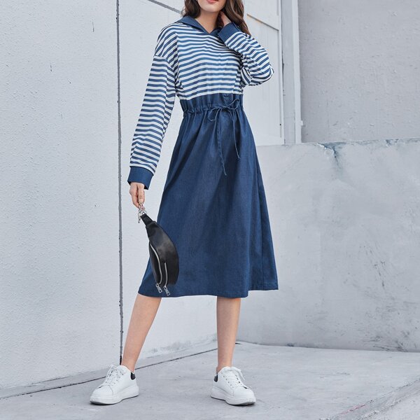 

Striped Drawstring Waist Hooded Dress, Blue and white