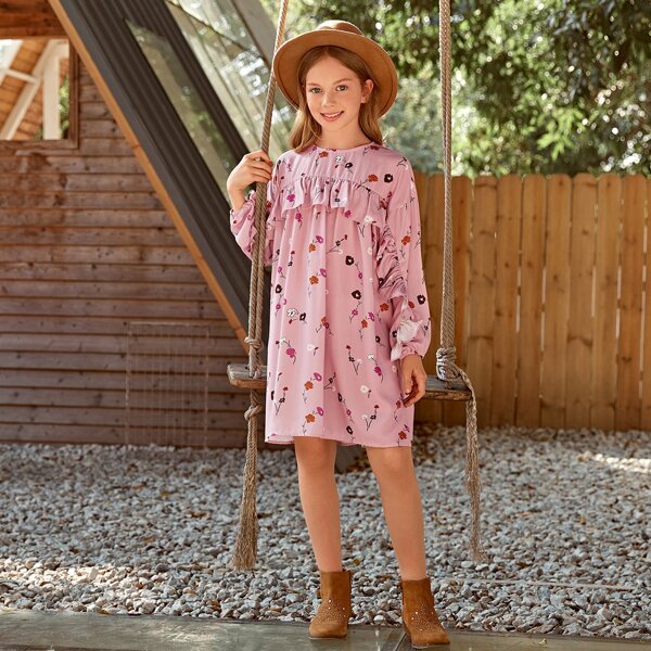 

Girls Floral Ruffle Trim Dress, Pink