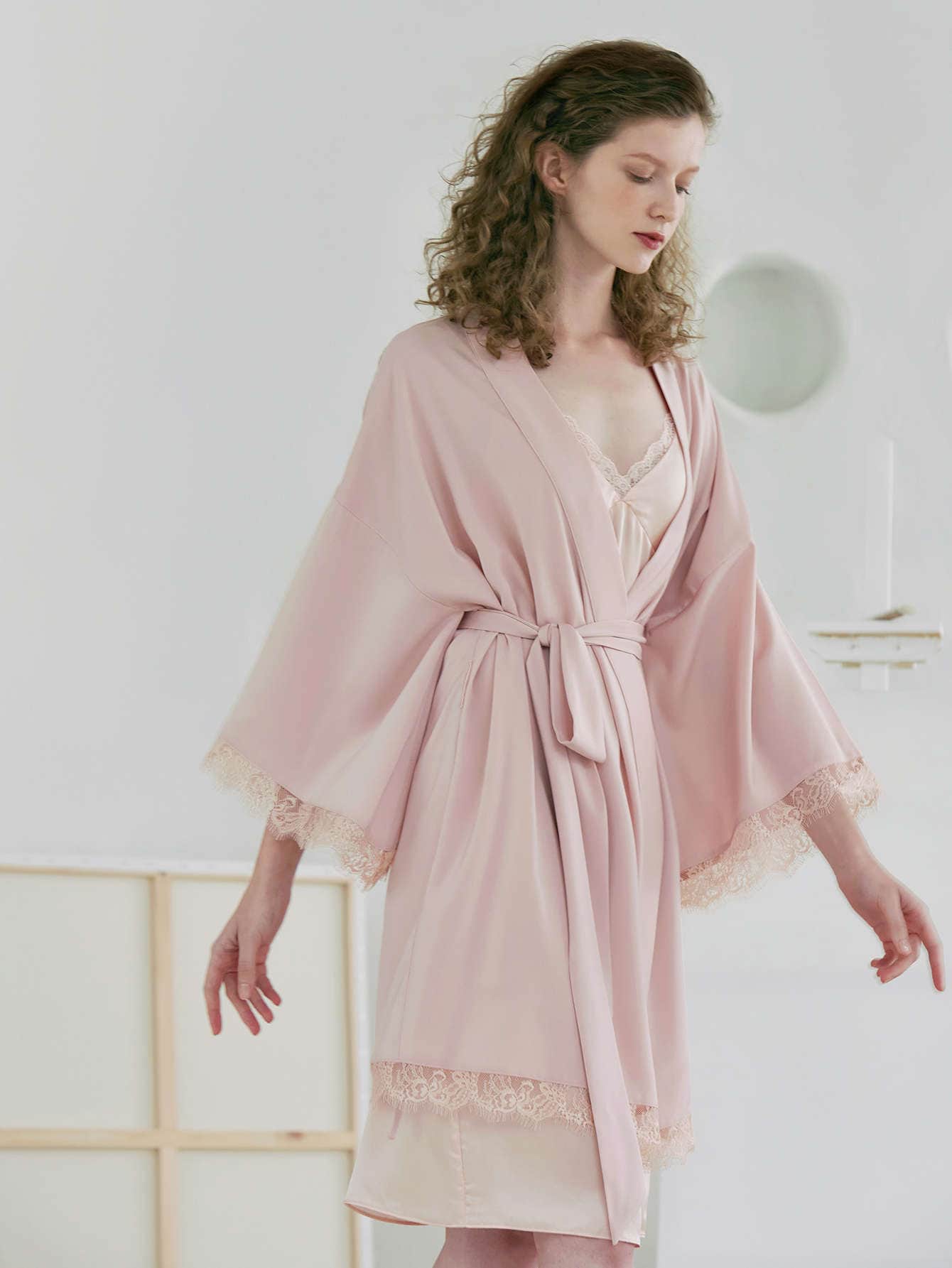 LACE TRIM BELTED NIGHT ROBE WITHOUT SLIPS thumbnail