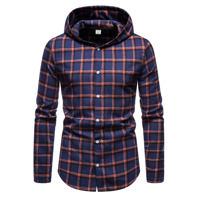 

Guys Plaid Print Button Front Hooded Shirt, Navy blue