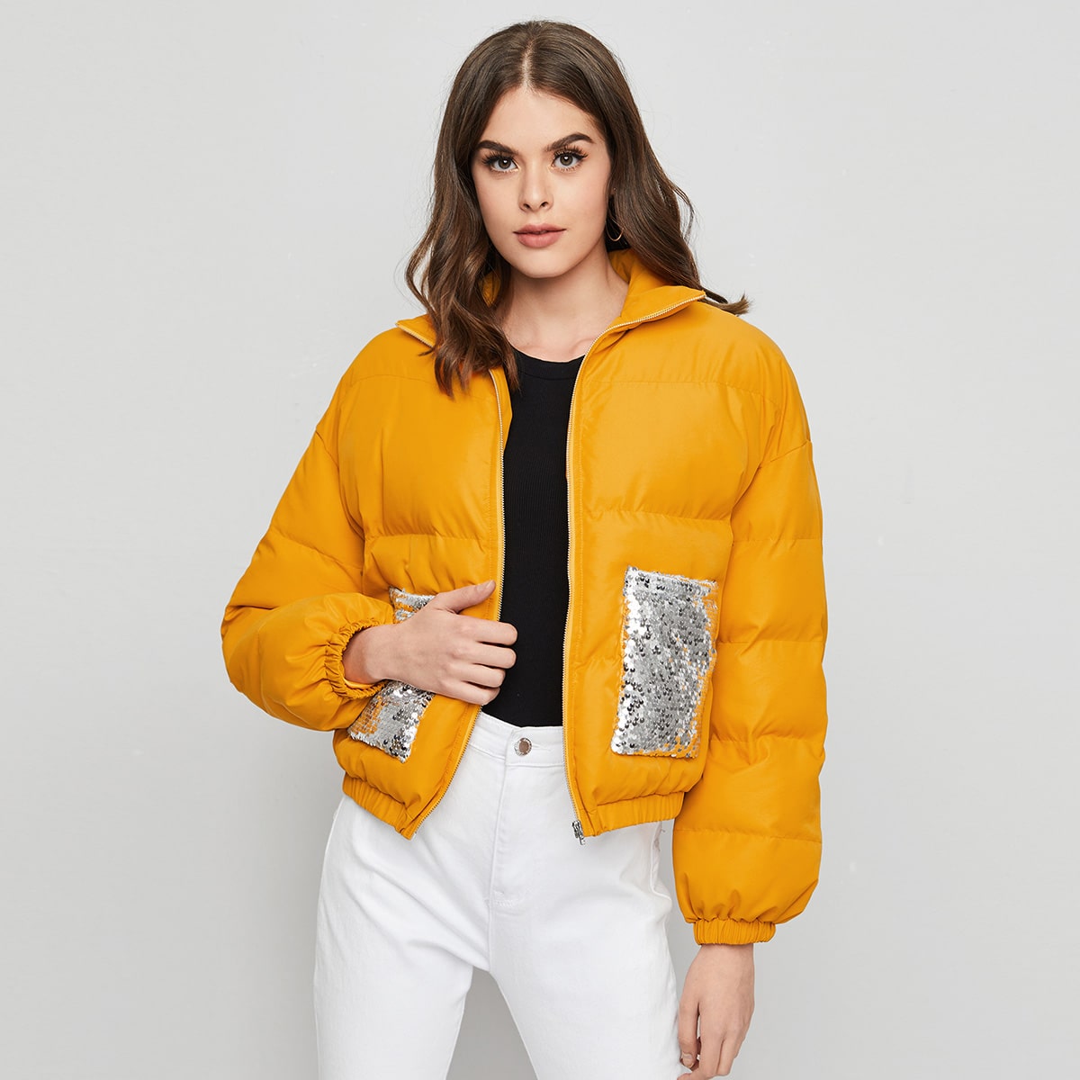 Image of Contrast Sequin Patch Puffer Jacket