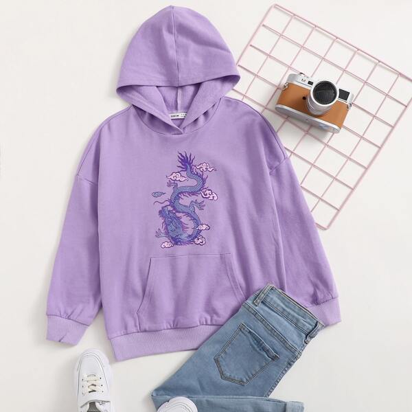 

Girls Drop Shoulder Chinese Dragon Sweatshirt, Lilac purple