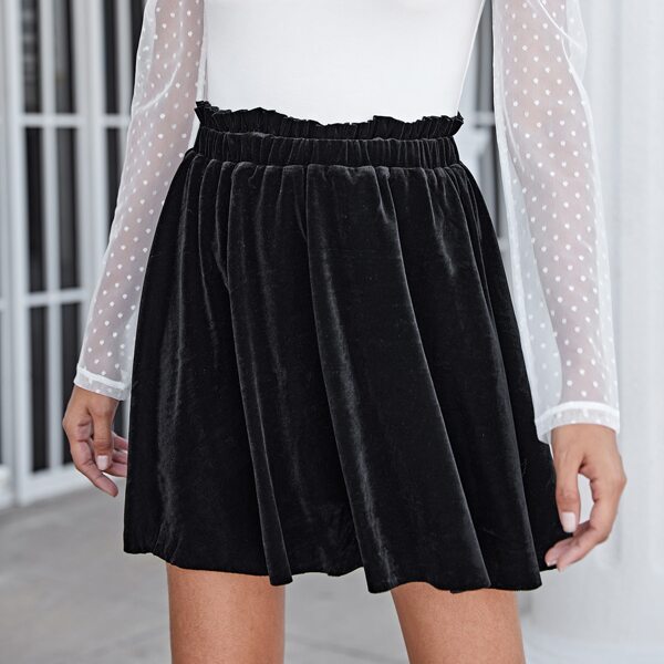 

Paper Bag Waist Velvet Skirt, Black