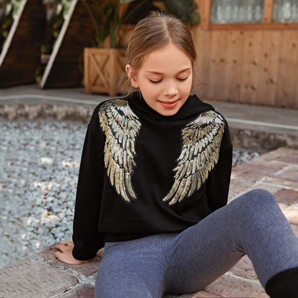 

Girls Sequins Wing Detail Drop Shoulder Hoodie, Black