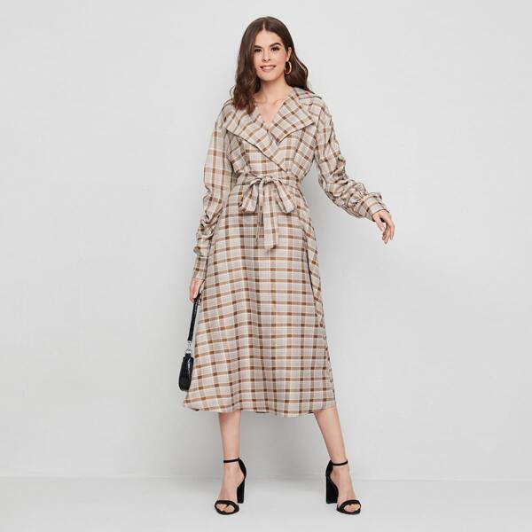 

Plaid Ruched Sleeve Belted Dress, Multicolor