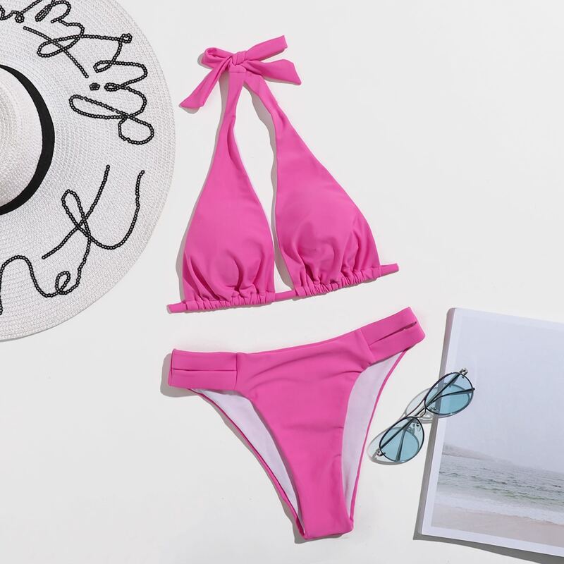 

Solid Halter Triangle Bikini Swimsuit, Hot pink