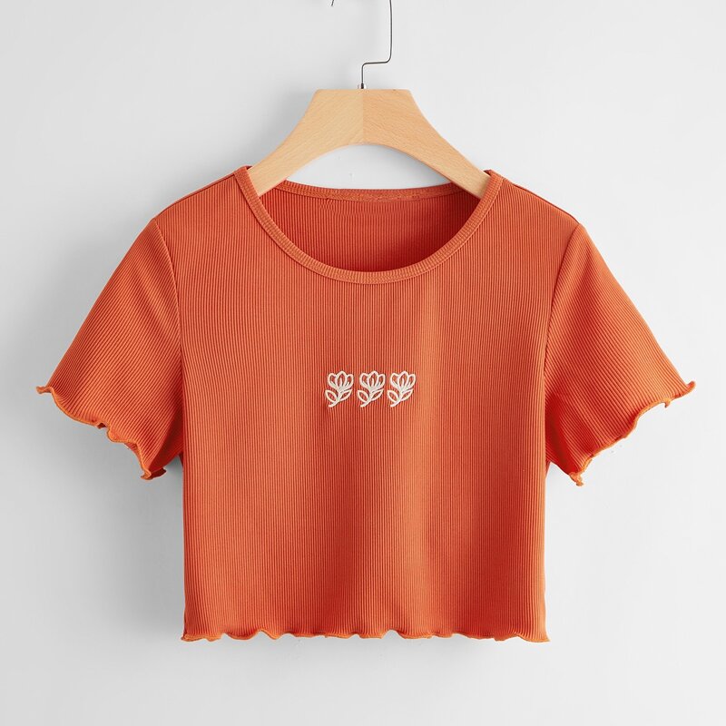 

Floral Embroidery Crop Tee, Orange