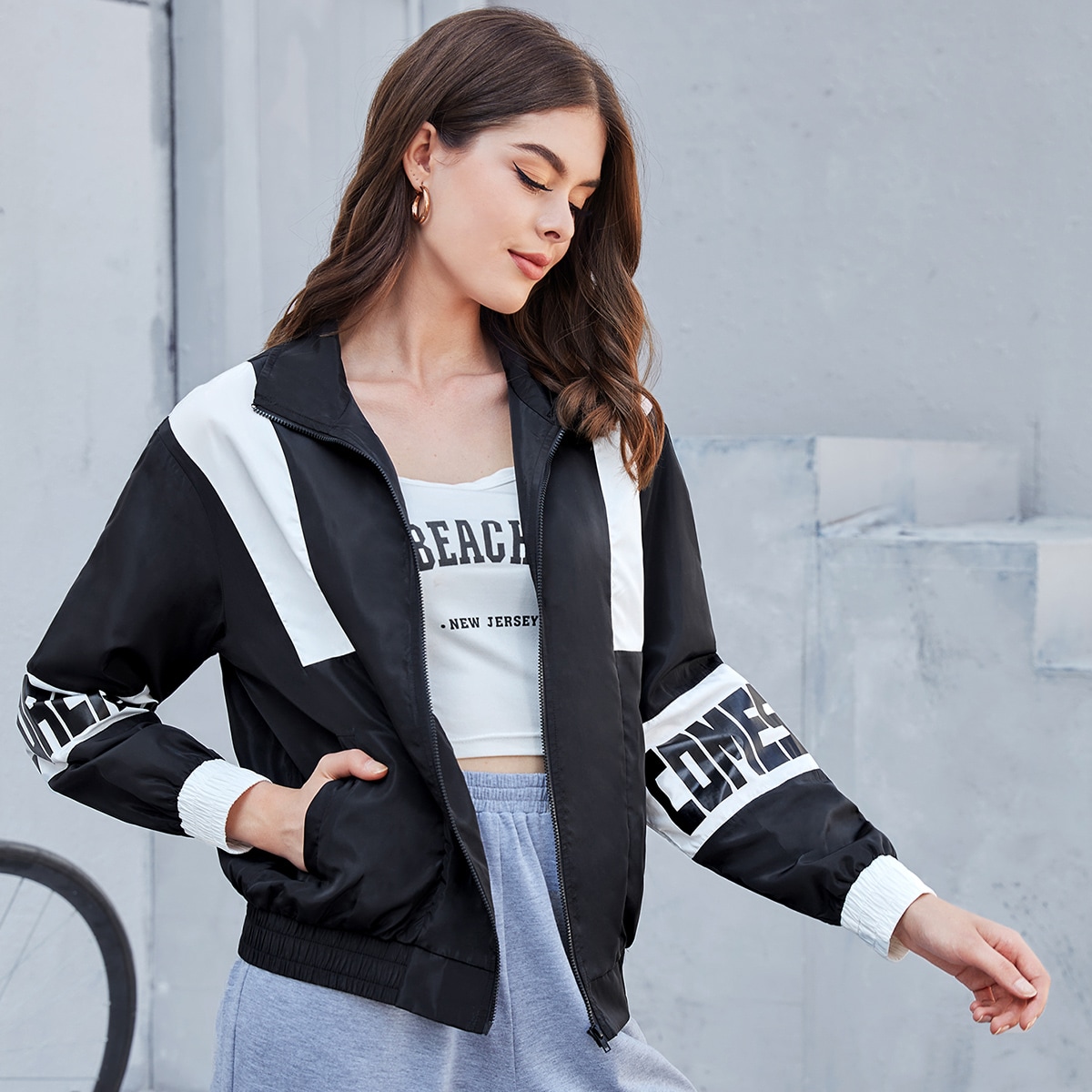 Image of Letter Graphic Zip Up Windbreaker Jacket