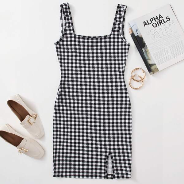 

Gingham Split Hem Dress, Black and white