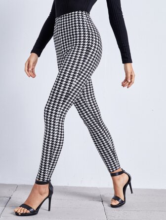 SHEIN Privé Leggings med Hög Midja och Houndstooth-Mönster