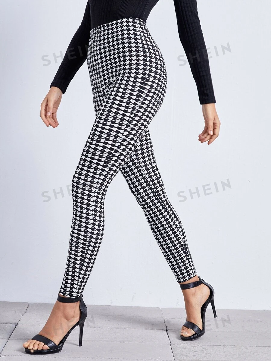 SHEIN Privé Leggings de pata de gallo de cintura alta - Blanco y Negro - Ver 1