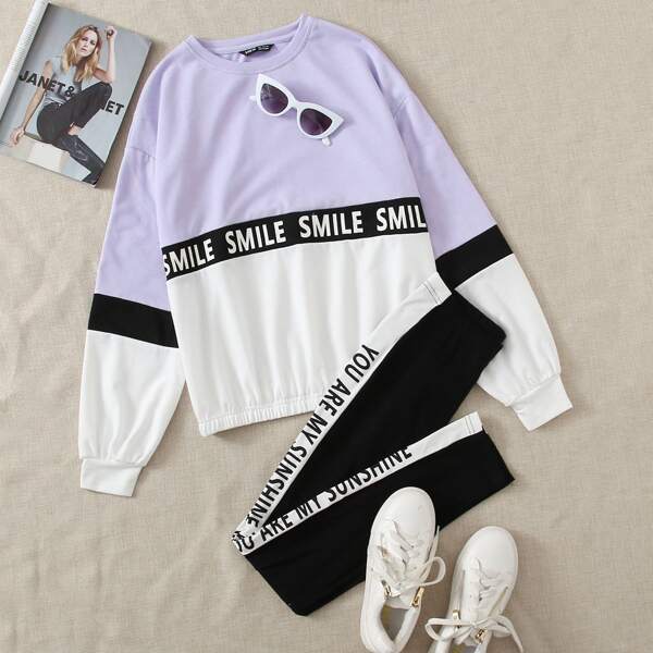 

Letter Graphic Colorblock Pullover & Leggings Set, Multicolor