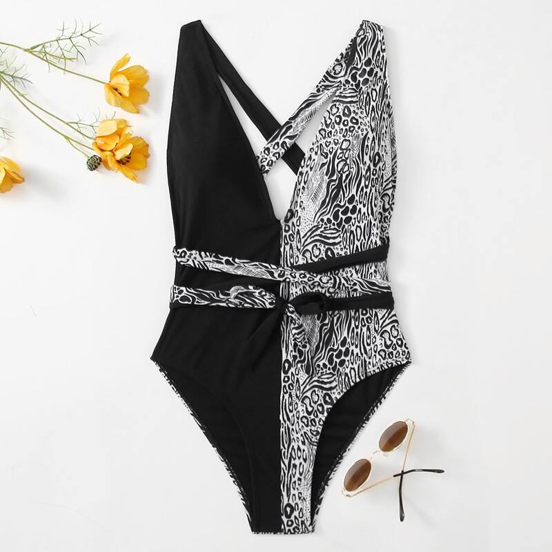 

Colorblock Allover Print Tie Front One Piece Swimsuit, Black and white