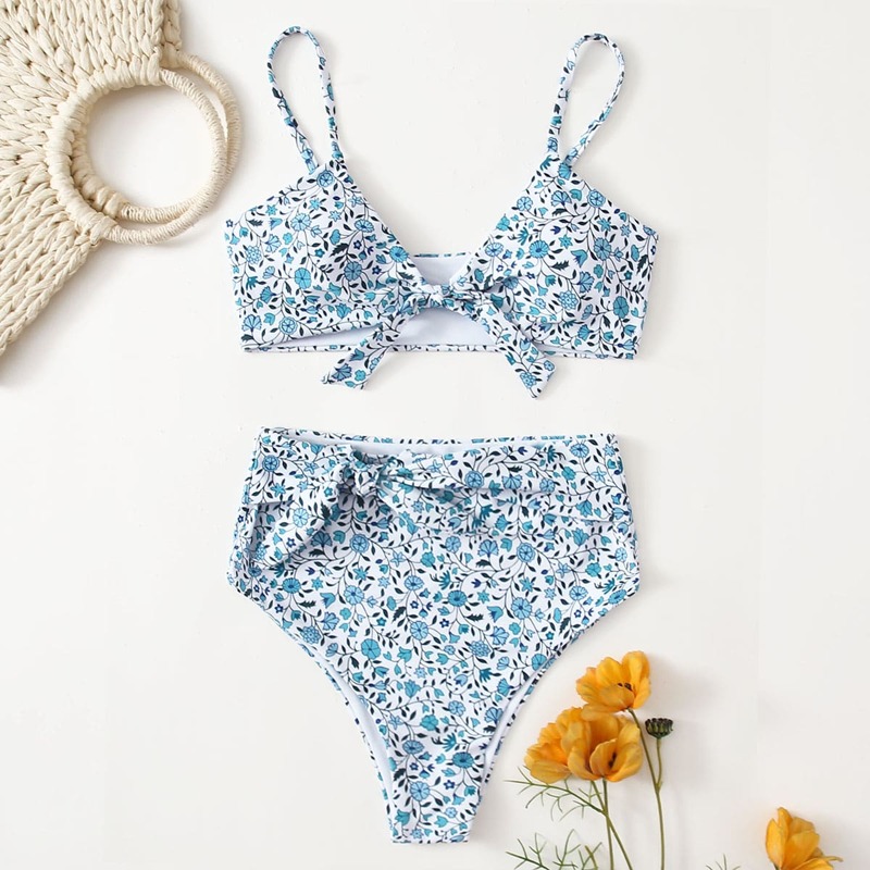 

Ditsy Floral Knot High Waist Bikini Swimsuit, Blue and white