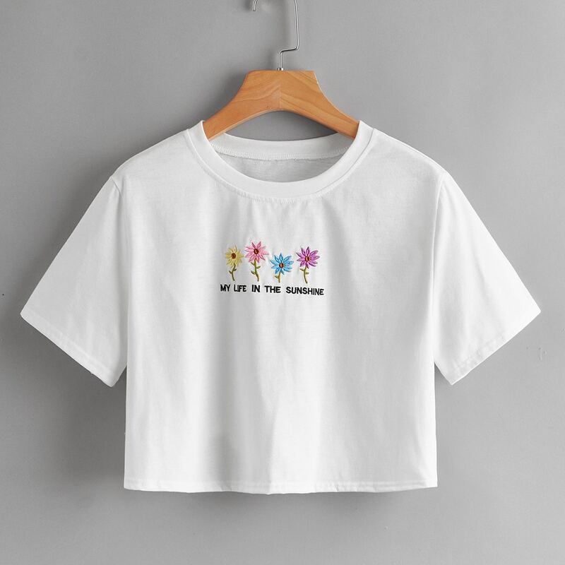 

Floral Embroidery Crop Tee, White