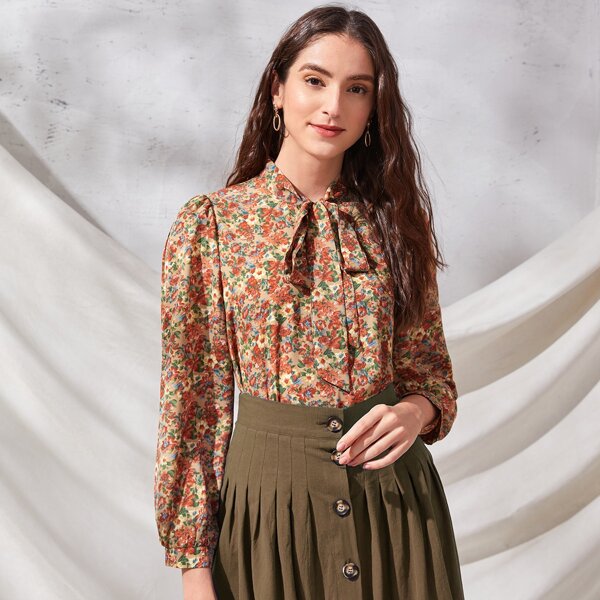 

Allover Floral Tie Neck Blouse, Multicolor
