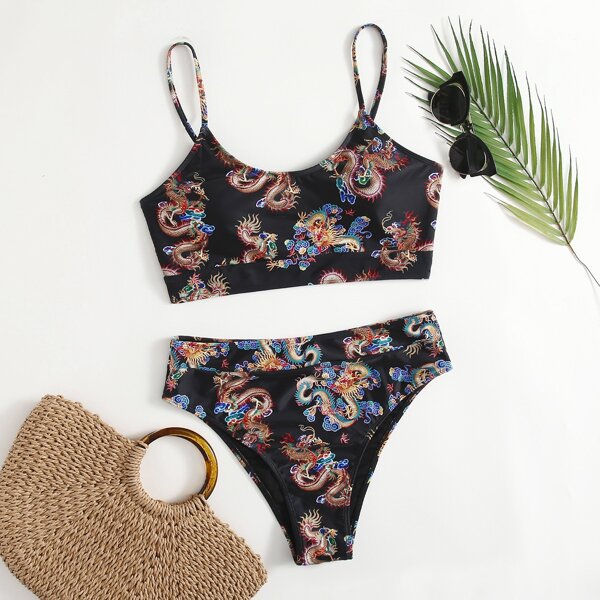 

Plus Chinese Dragon Print High Waisted Bikini Swimsuit, Multicolor
