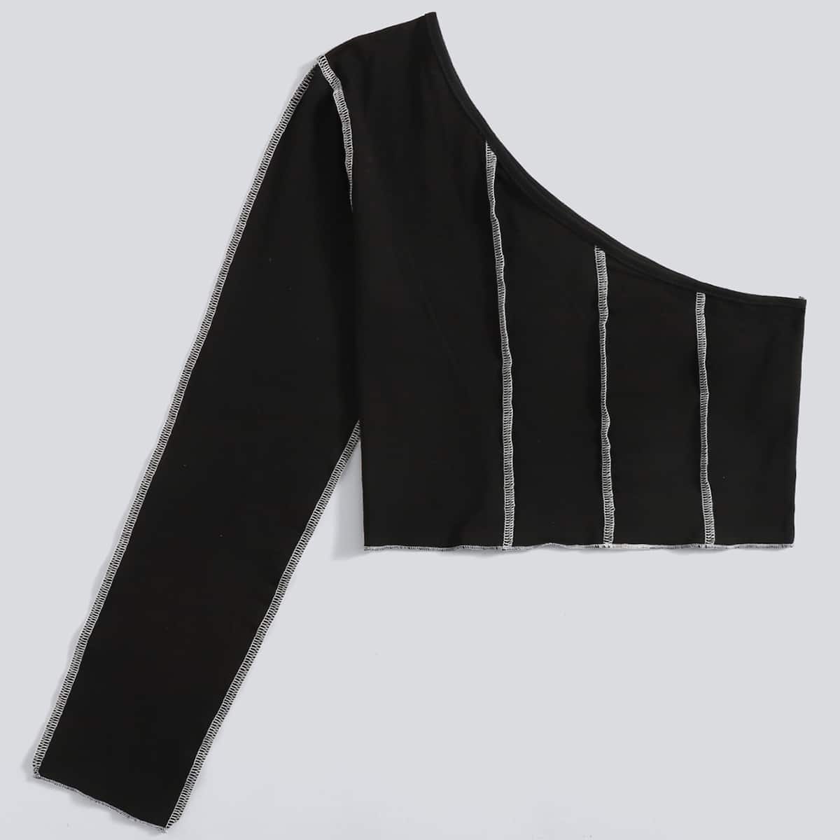 

Contrast Stitching One Shoulder Crop Top, Black