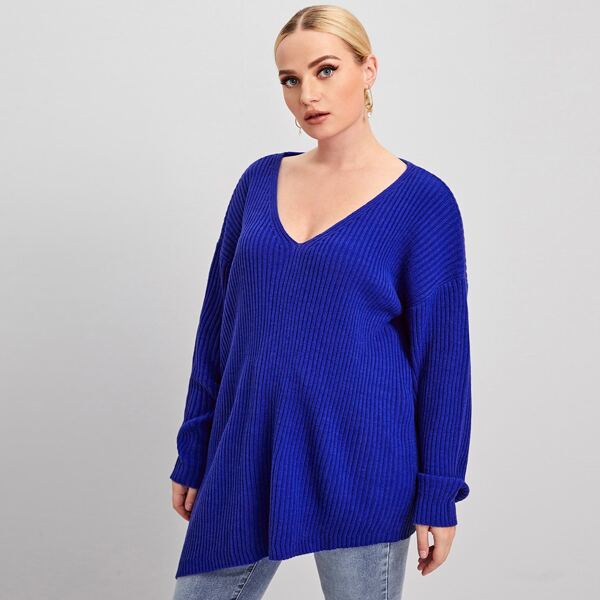 

Plus Drop Shoulder Asymmetrical Hem Sweater, Royal blue