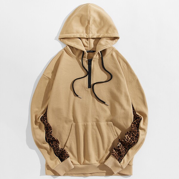 

Men Leopard Panel Zip Half Placket Hoodie, Camel