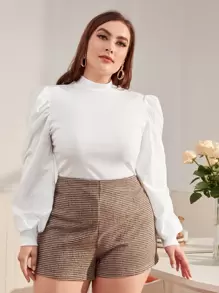 SHEIN Privé 大碼小高領泡泡袖上衣 - 白色 - 查看 2