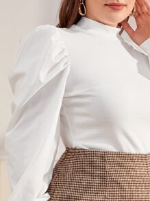 SHEIN Privé 大碼小高領泡泡袖上衣 - 白色 - 查看 4