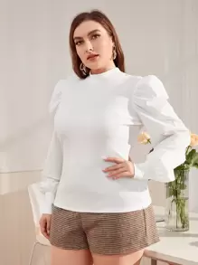 SHEIN Privé 大碼小高領泡泡袖上衣 - 白色 - 查看 5