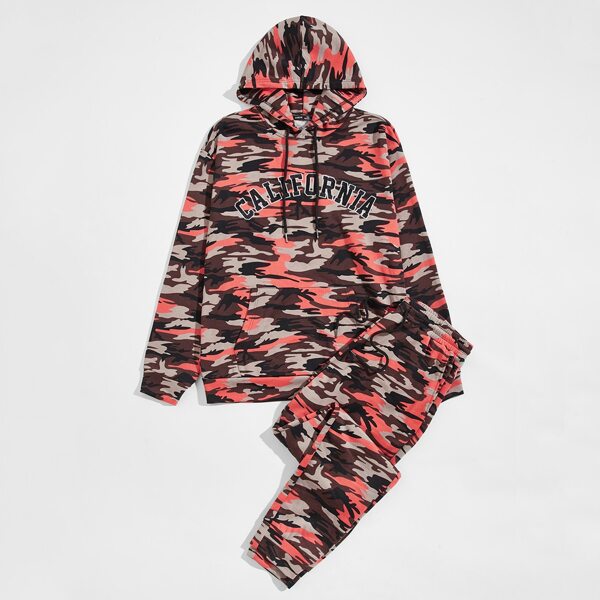 

Men Letter Embroidery Camo Hoodie & Slant Pocket Sweatpants Set, Multicolor