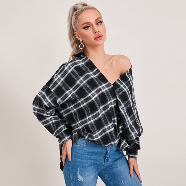 

Drop Shoulder Tartan Blouse, Black and white