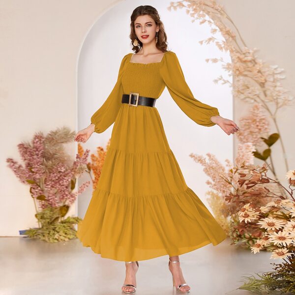 

Solid Frill Trim Shirred A-Line Dress Without Belt, Mustard yellow
