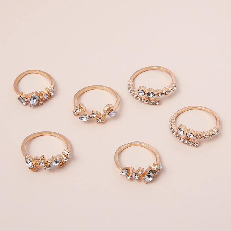 

6pcs Rhinestone Decor Ring, Gold