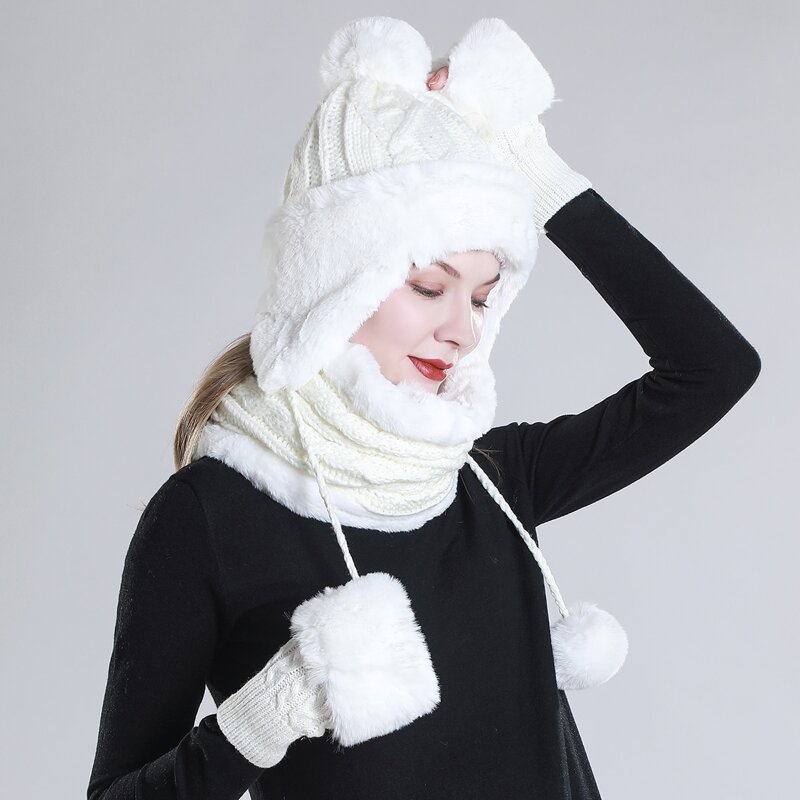 

Pom Pom Beanie & Tube Scarf & Gloves, White