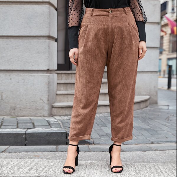 

Plus Plicated Solid Corduroy Pants, Coffee brown