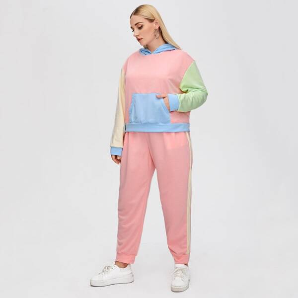 

Plus Color Block Kangaroo Pocket Hoodie & Sweatpants, Pink
