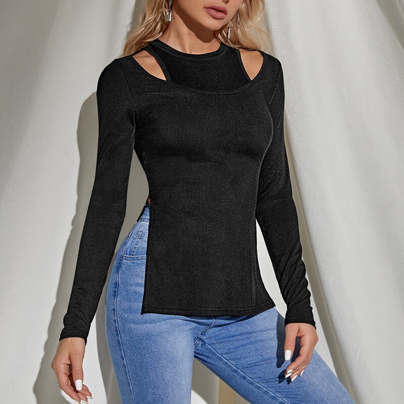 

Cut Out Split Side Rib-knit Tee, Black