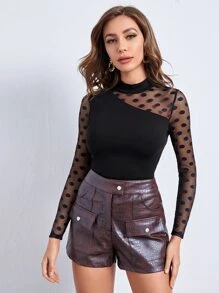 SHEIN Privé Áo thun Tương phản Mesh Chấm bi Thanh lịch - màu đen - Xem 3